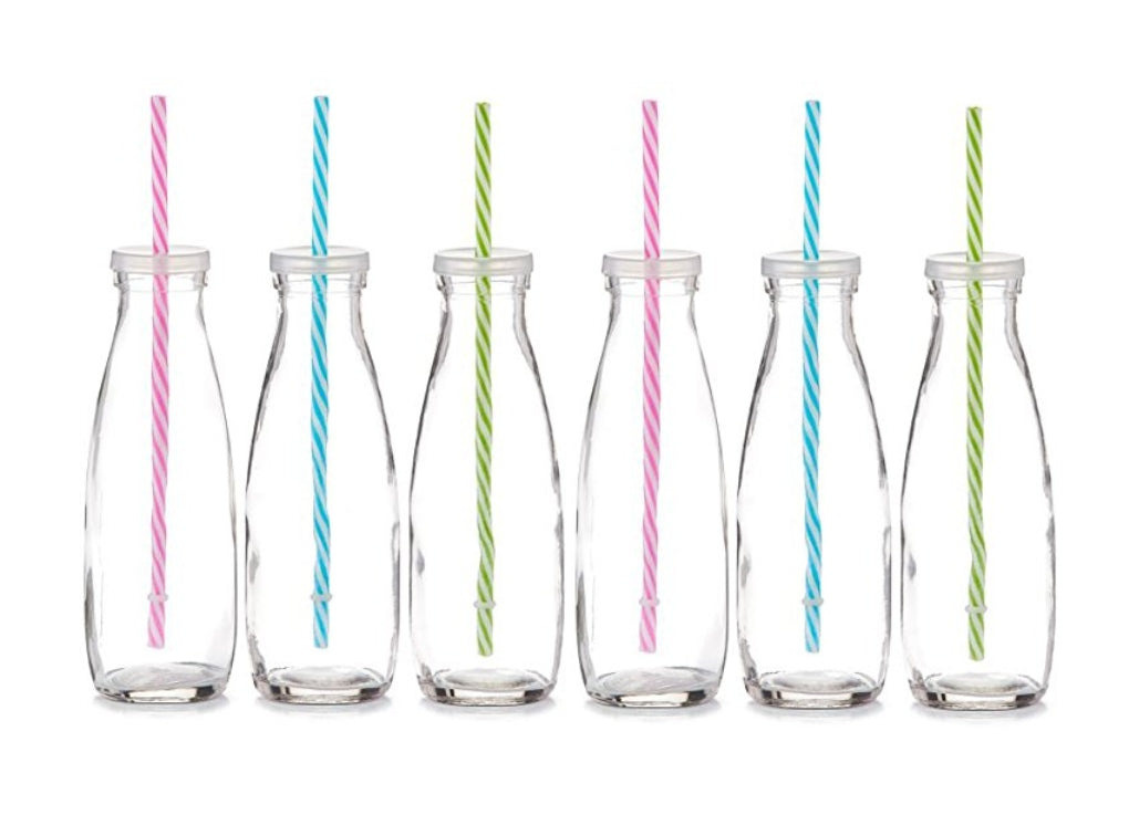 6er Set Trinkflaschen mit farbigem Strohhalm "Countrystyle" 475 ml